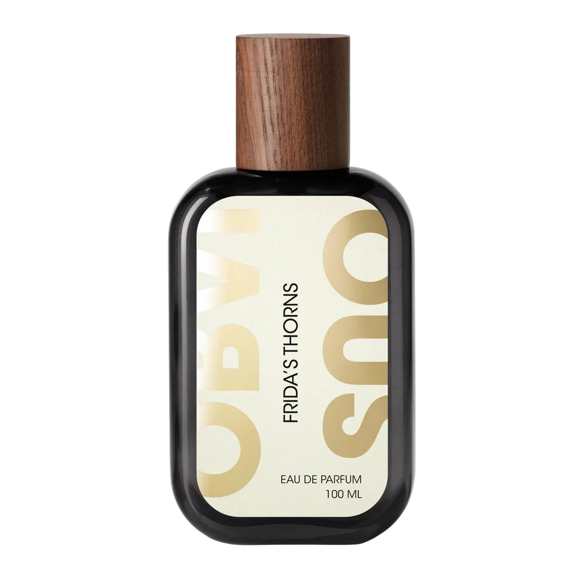 Perfume bottle with wooden cap on a white background