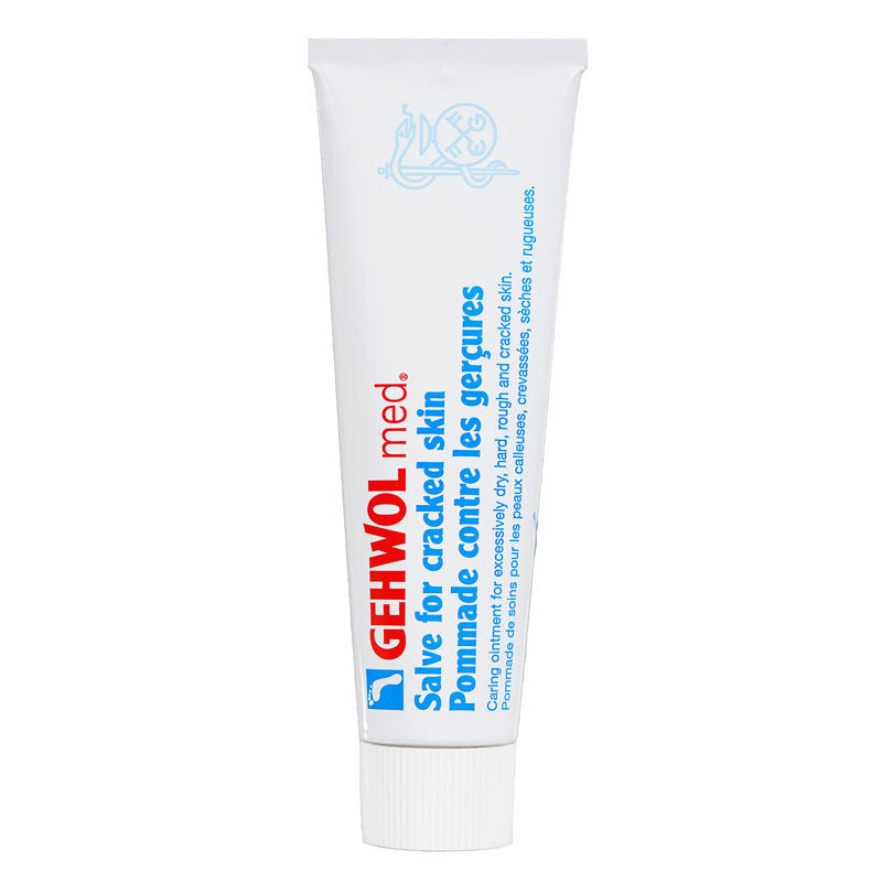 A tube of GEHWOL med Salve for Cracked Skin with product information and branding visible on the packaging.