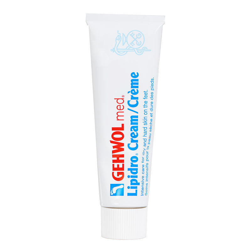 Tube of GEHWOL med Lipidro Cream with blue and red label, white background.