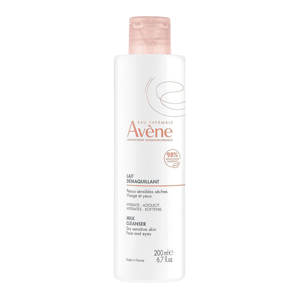 A bottle of Avene Milk Cleanser with a pink label on a white background.