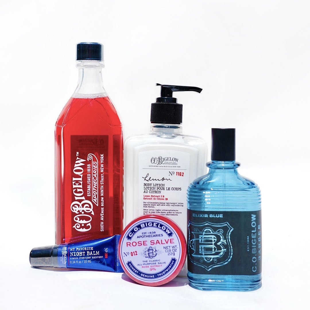 CO Bigelow Dr Keightleys Mouthwash, CO Bigelow Lemon Body Lotion, CO Bigelow No 306 My Favorite Night Balm, CO Bigelow Rose Salve, Co Bigelow Elixir Blue Cologne 