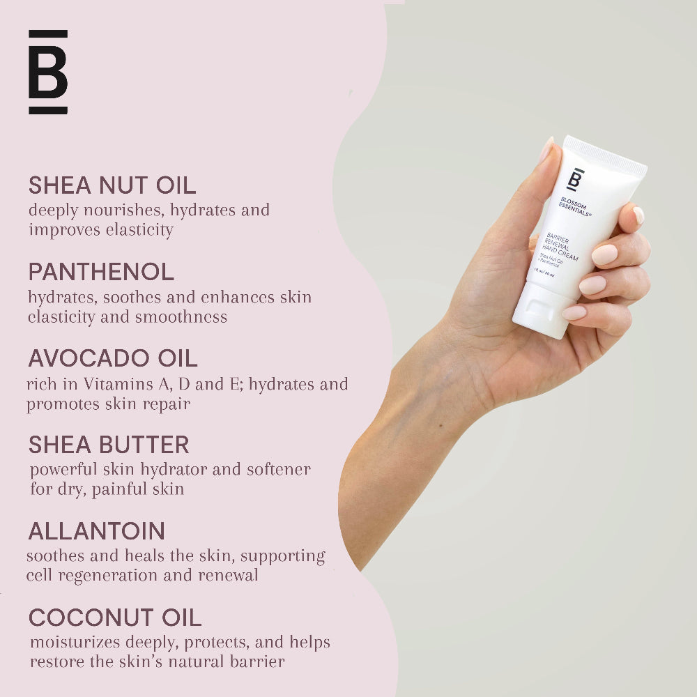 Hand holding a skincare product with ingredients listed on a pastel background