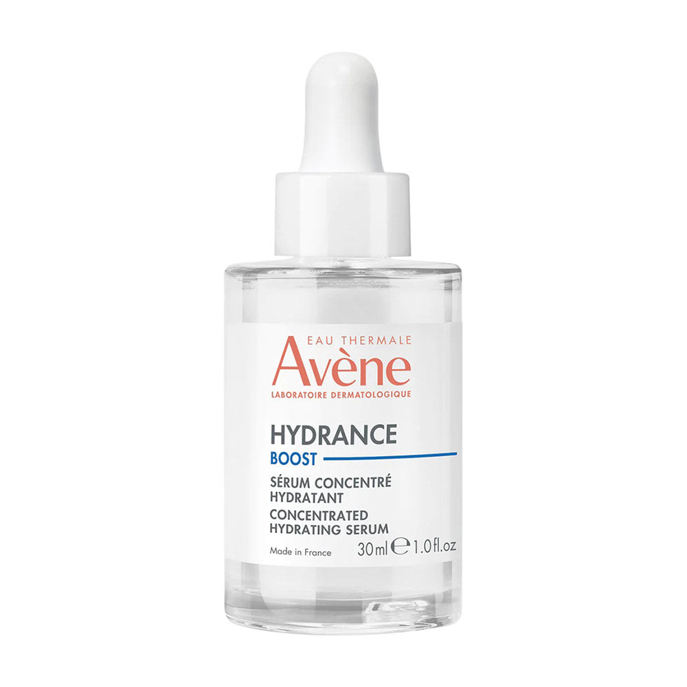 A bottle of Avene Hydrance Boost Serum with a white dropper cap, against a white background.