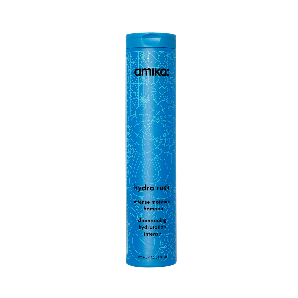 Blue shampoo bottle with 'amika' branding on a white background