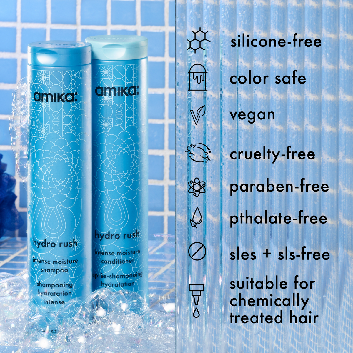 Two blue bottles of amika hydro rush shampoo and conditioner with product features listed on a blue tiled background.
