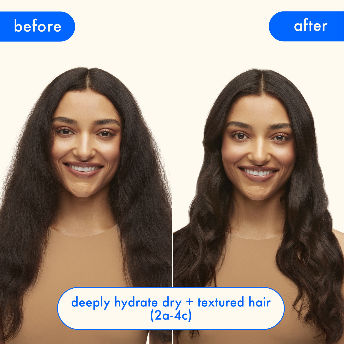 Before and after comparison of hair treatment on a woman with long, dark hair.