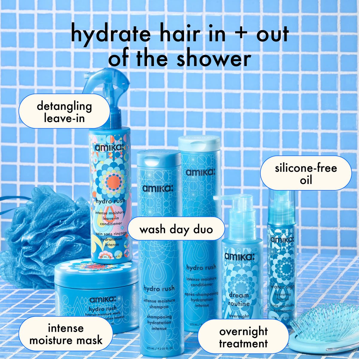 Amika hair care products on a blue tiled bathroom background