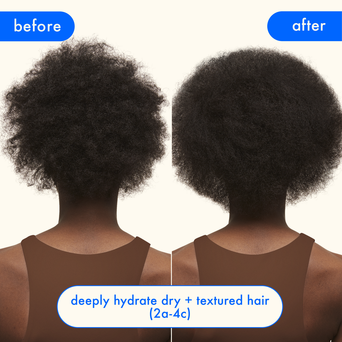 Amika Hydro Rush Intense Conditioner before and after comparison of dry and textured hair on a person with a neutral background.