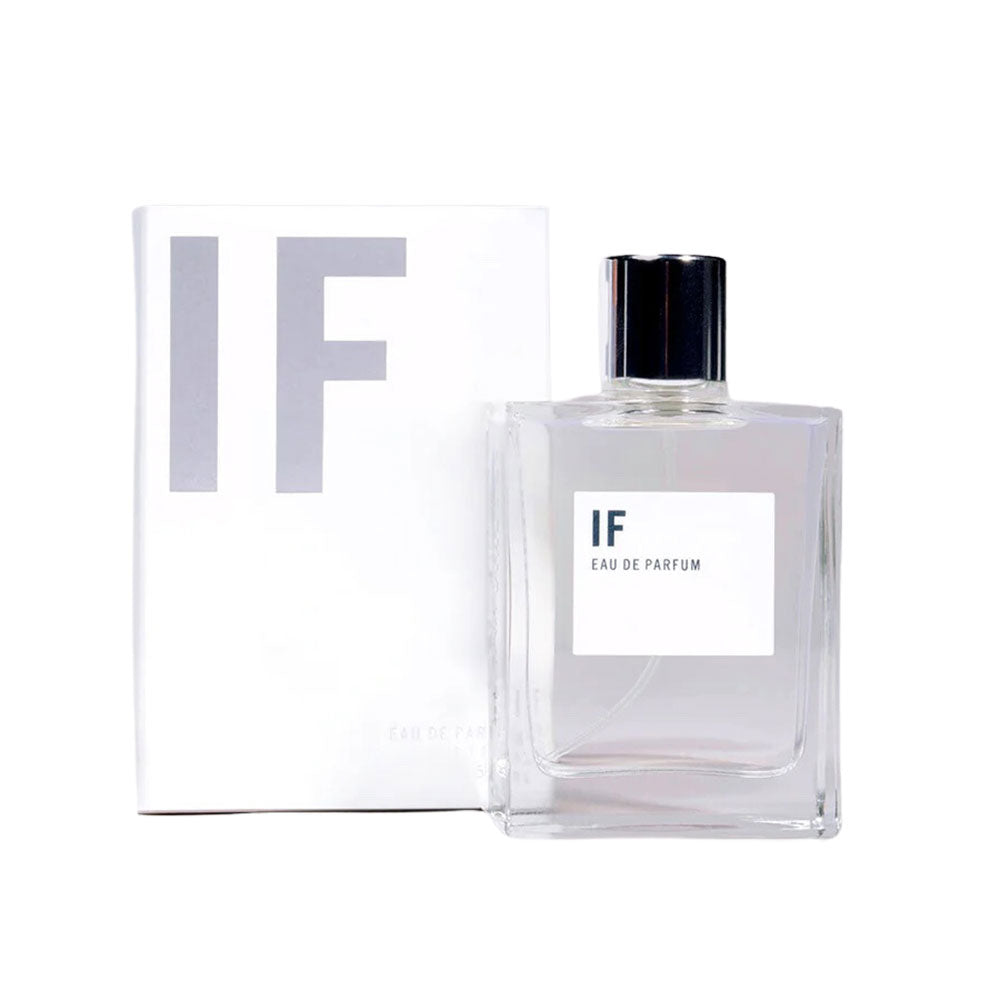 A bottle of IF Eau de Parfum with a white label and cap, next to an open white box with the brand name on it.