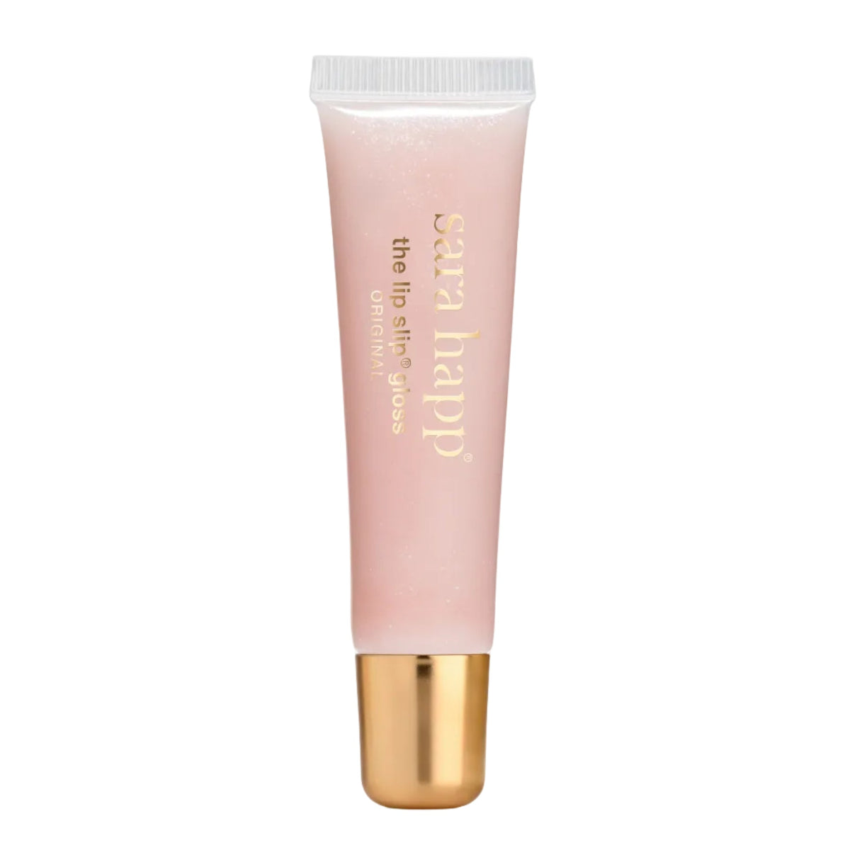 Pink lip balm tube with gold cap on a white background