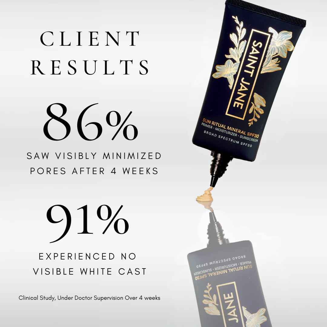 Saint Jane sunscreen pump with client results text on a white background