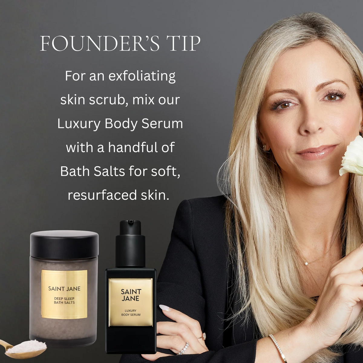 Woman holding a bottle of 'Saint Jane' Luxury Body Serum with text about an exfoliating skin scrub.