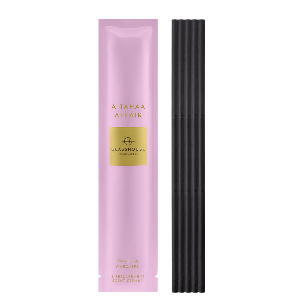 Glasshouse Fragrances a Tahaa Affair diffuser sticks shown next to packaging.