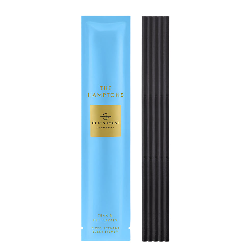Glasshouse Fragrances he Hamptons 5 Scent Stems Refill shown next to packaging.