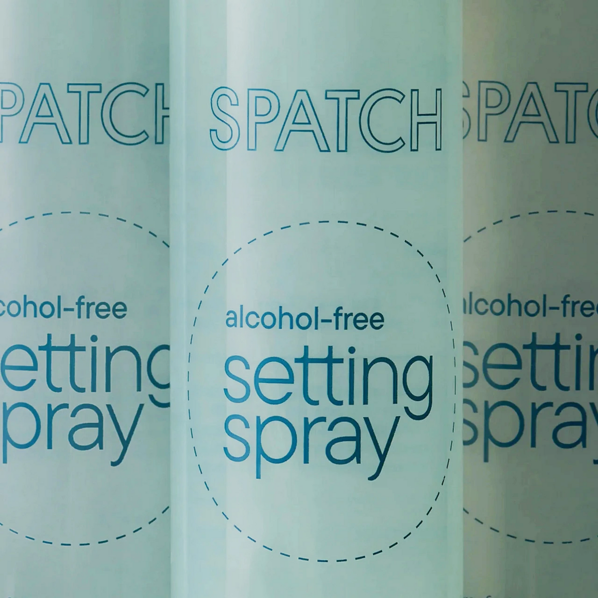 Three close-up views of a cylindrical bottle labeled 'setting spray' with 'alcohol-free' text, shown in a repeating vertical pattern on a pale mint background.