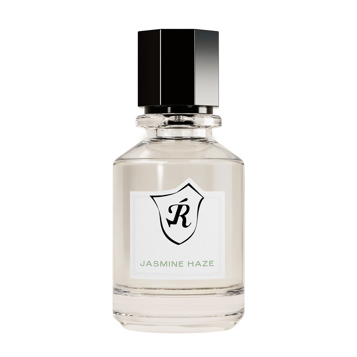 Perfume bottle labeled 'Jasmine Haze' with a black cap on a white background