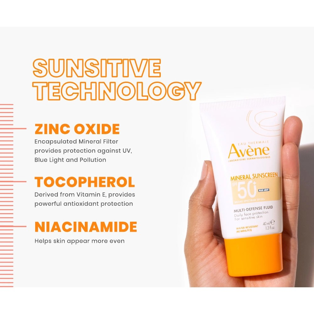 Avene sunscreen tube held by a hand with product features listed on the left.