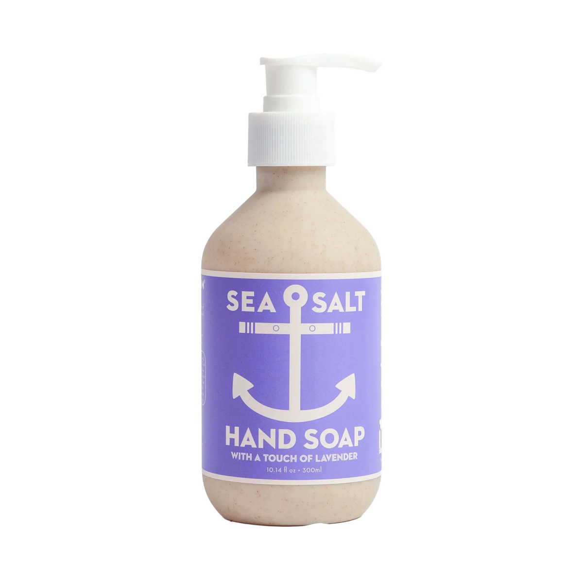 Hand soap bottle with purple label and white pump on a white background
