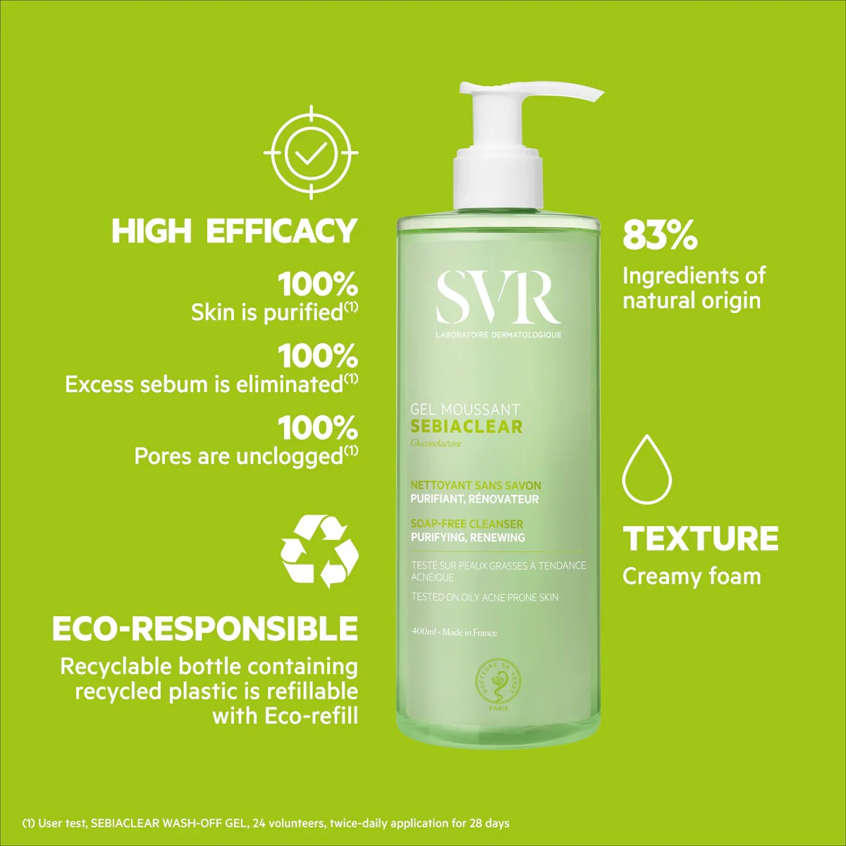 SVR skincare product with green bottle on a green background, highlighting high efficacy, eco-responsibility, and texture.