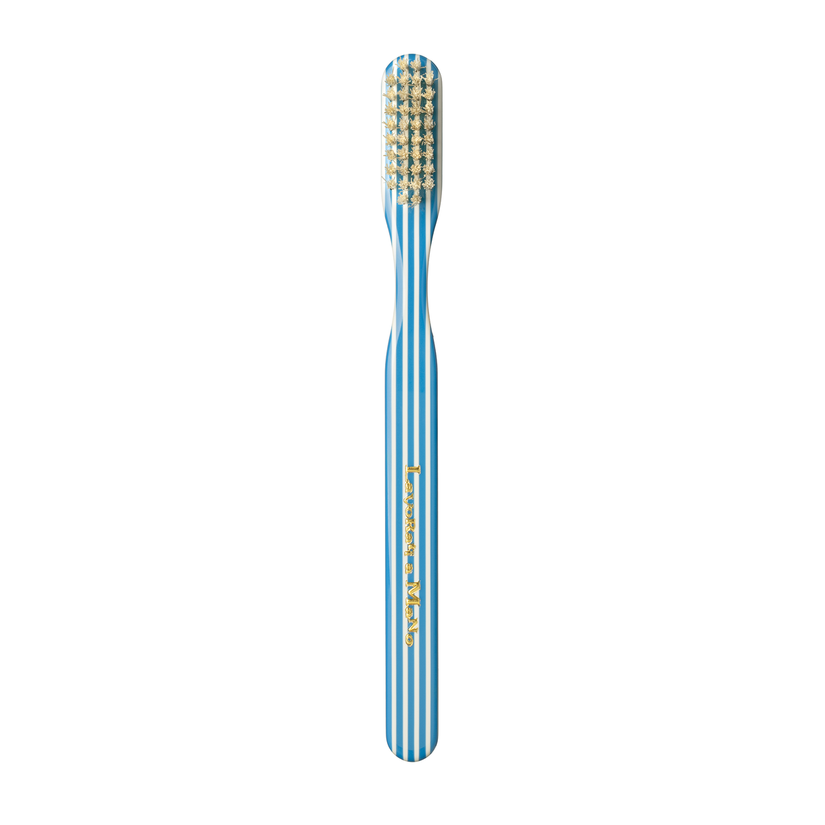 Blue and white striped toothbrush on a white background