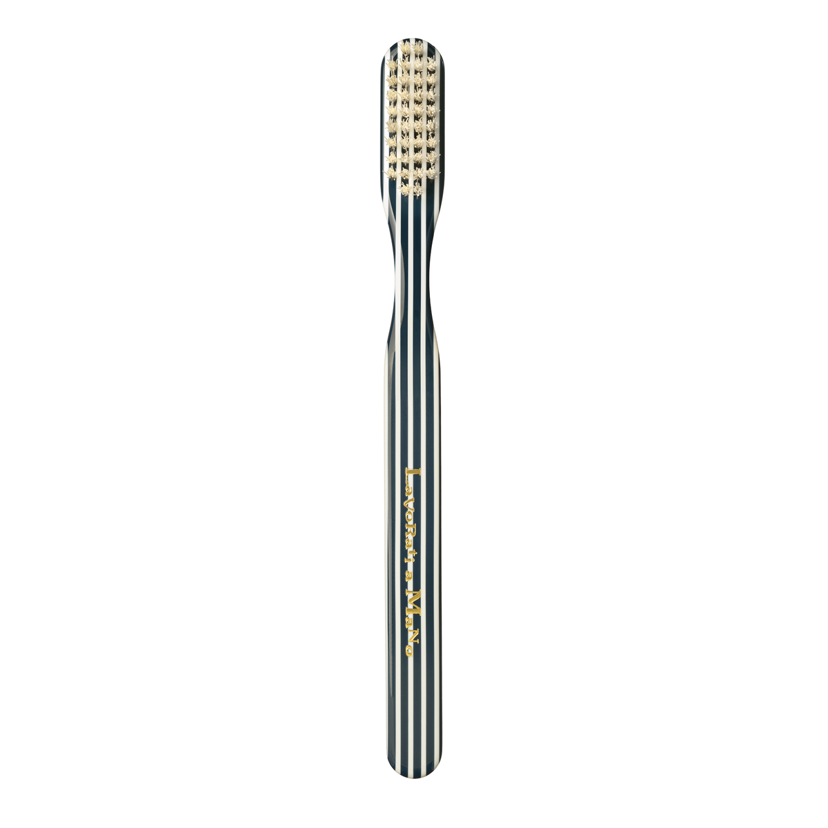 Blue Capri Collection Toothbrush with a dark green and white striped handle and a gold-colored bristle head, shown vertically on a plain white background.