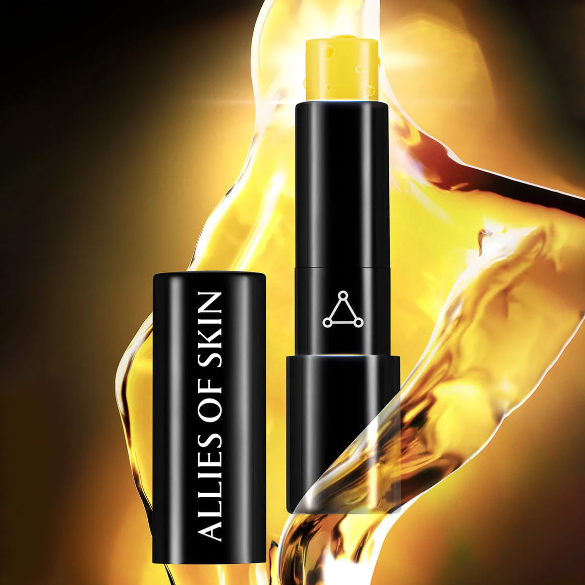 Black skincare stick with 'Allies of Skin' branding against a golden abstract background