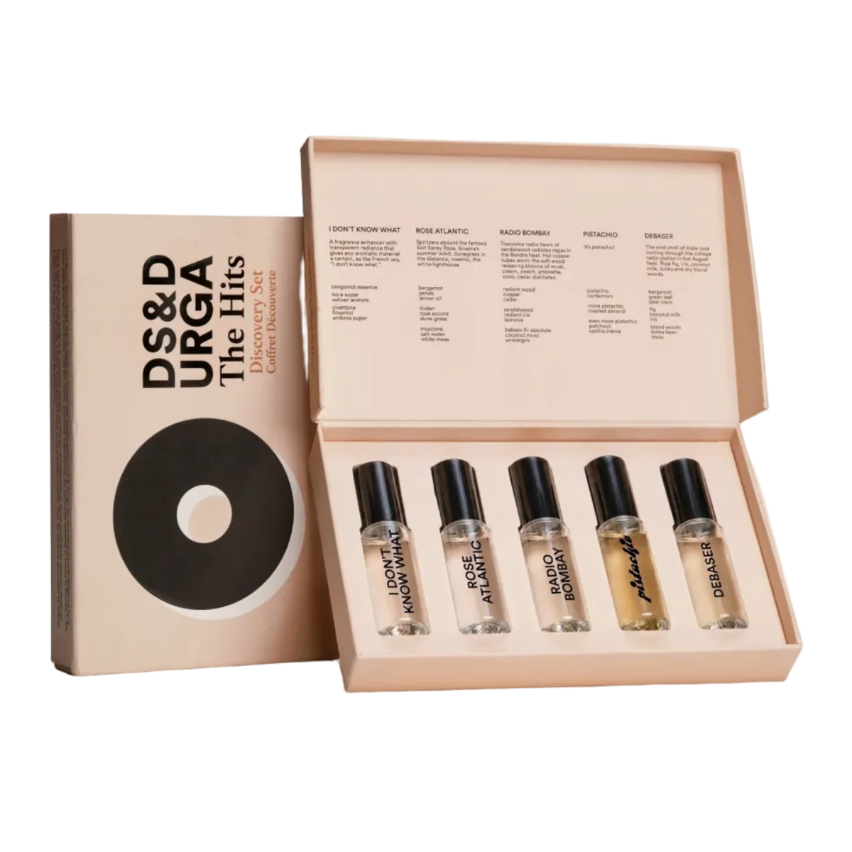 DS&D URGA 'The Hits' fragrance sampler set, featuring a beige and black outer box next to an open inner tray holding five clear glass perfume vials with black caps on a light beige background.