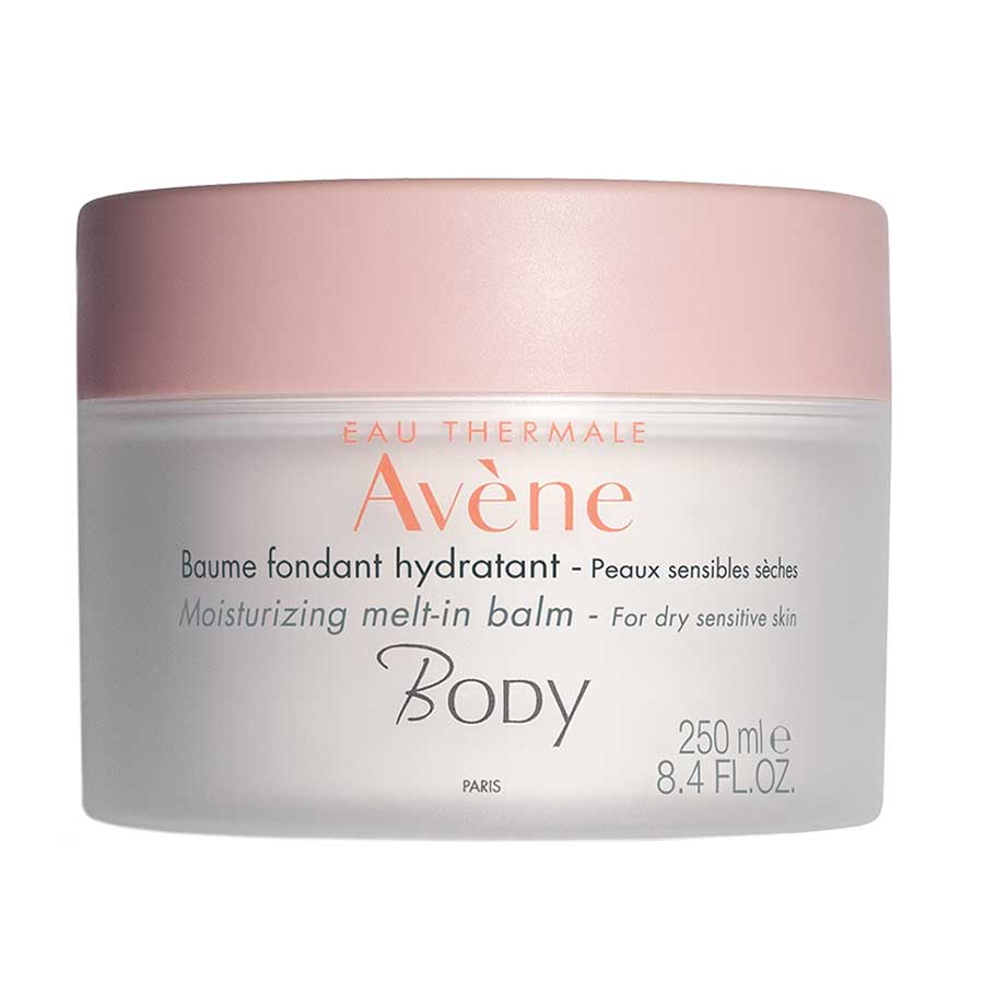A jar of Avene Moisturizing Melt-in Balm for body, with a pink lid on a white background.