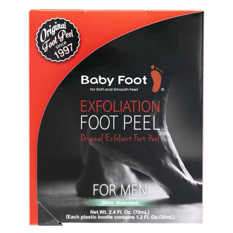Packaging of Baby Foot Exfoliation Foot Peel for Men with mint scent, showing the product name.