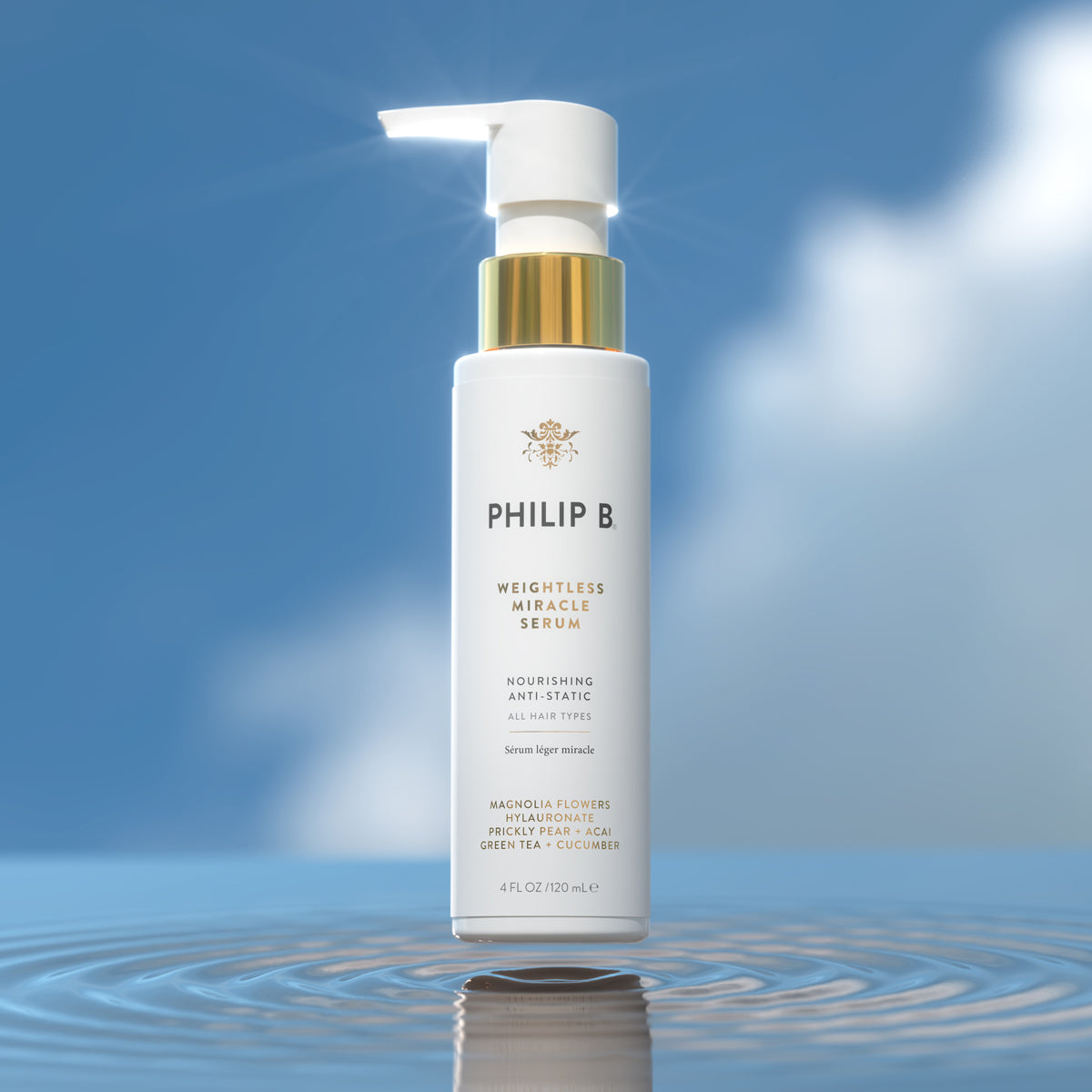 PHILIP B weightless miracle serum bottle on a reflective surface with a blue gradient background.