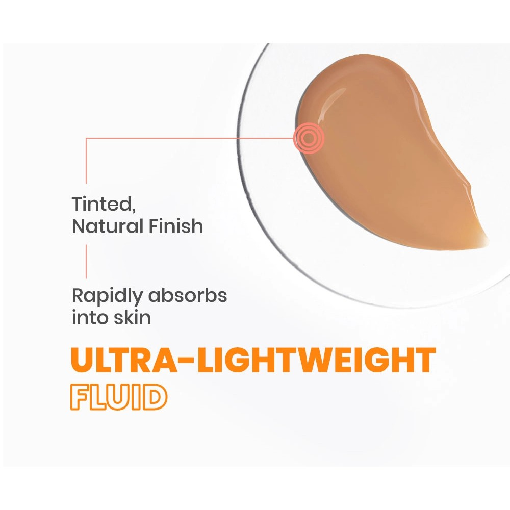 Swatch with the words: Tinted, Natural Finish.  Rapidly absorbs into skin - Ultra-lightweight Fluid