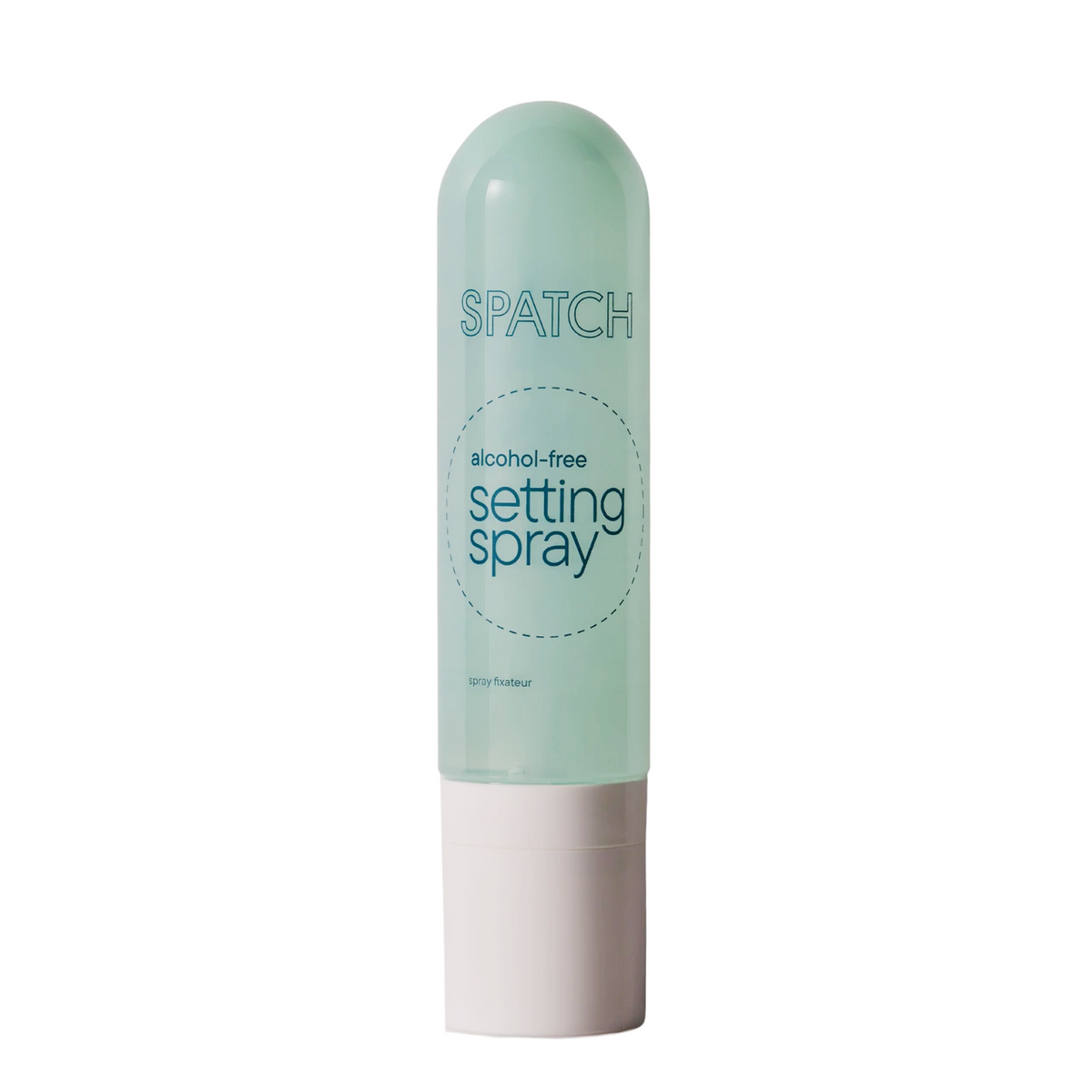 A bottle of SPATCH alcohol-free setting spray, featuring a translucent mint green upper bottle and a solid white cap, centered on a plain white background.
