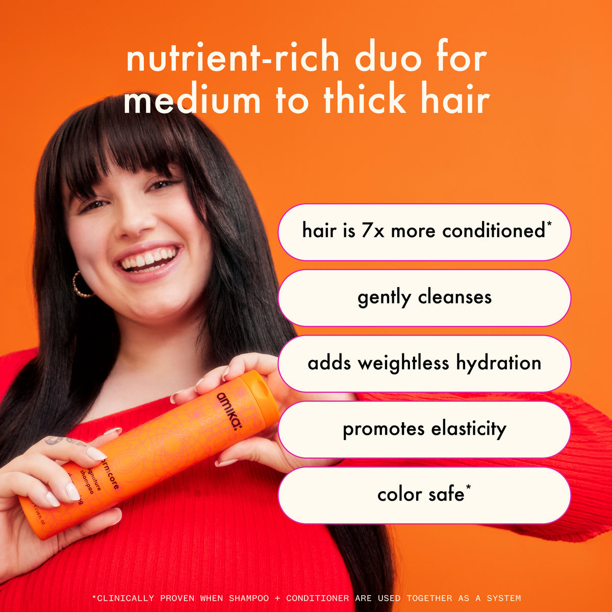Woman holding an orange bottle with text about Amika Normcore hair care products on an orange background