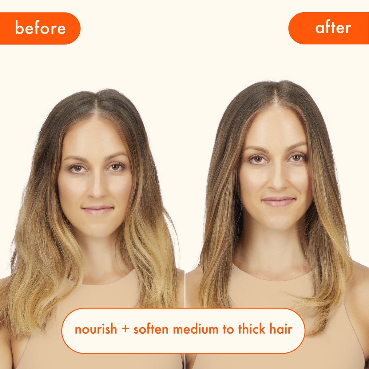 Before and after Normcore comparison of hair nourishment and softening on a woman with medium to thick hair.