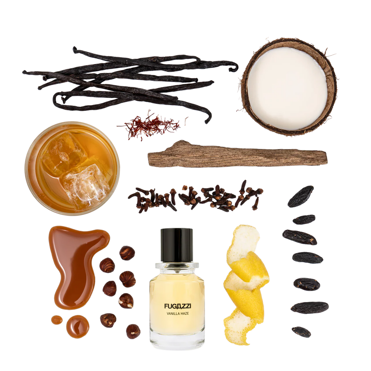 fugazzi perfume surrounded with spices and ingredients of the scent.