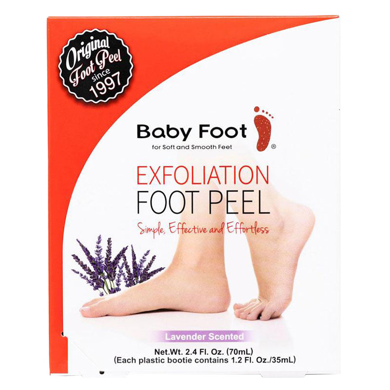 Packaging of Baby Foot Exfoliation Foot Peel with a picture of a foot and lavender plants, indicating the product is lavender scented.