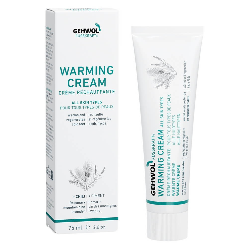 photo of outer box and tube of Gehwol Fusskraft Warming Cream side by side.