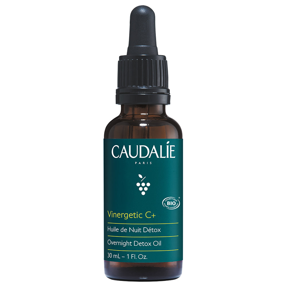 A bottle of Vinergetic C+ Overnight Detox Oil by Caudalé, with a dropper cap.