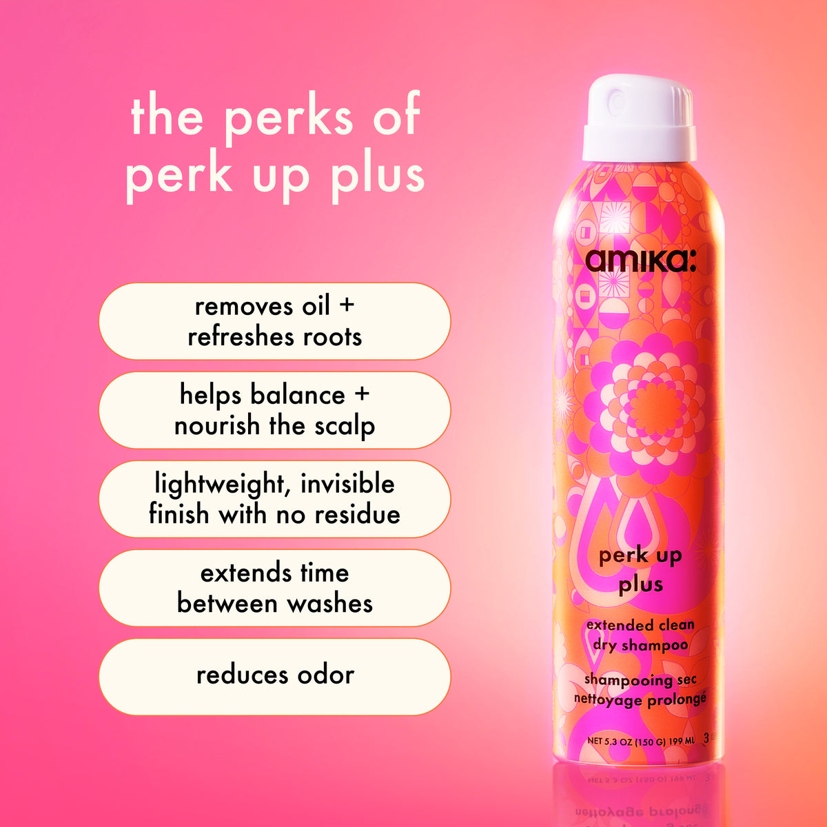 Amika Perk Up Plus dry shampoo bottle with features listed on a pink background