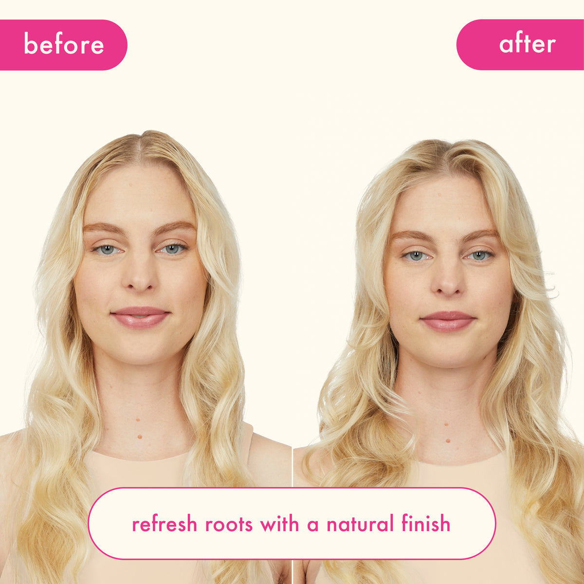 Before and after comparison of Amika Perk Up Plus on  a woman with blonde hair, showing a natural finish.