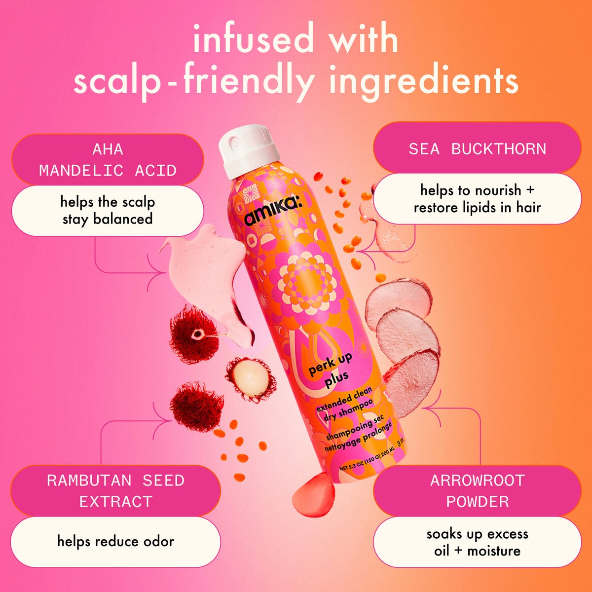 Amika Perk Up Plus Dry shampoo bottle with scalp care ingredients on a pink and orange gradient background