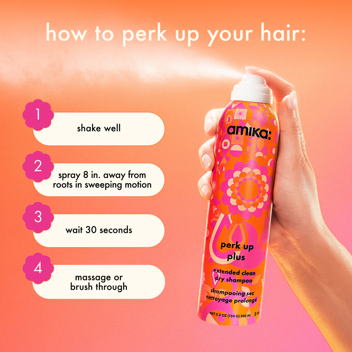 Amika Perk Up Plus dry shampoo spray with usage instructions on a pink and orange gradient background