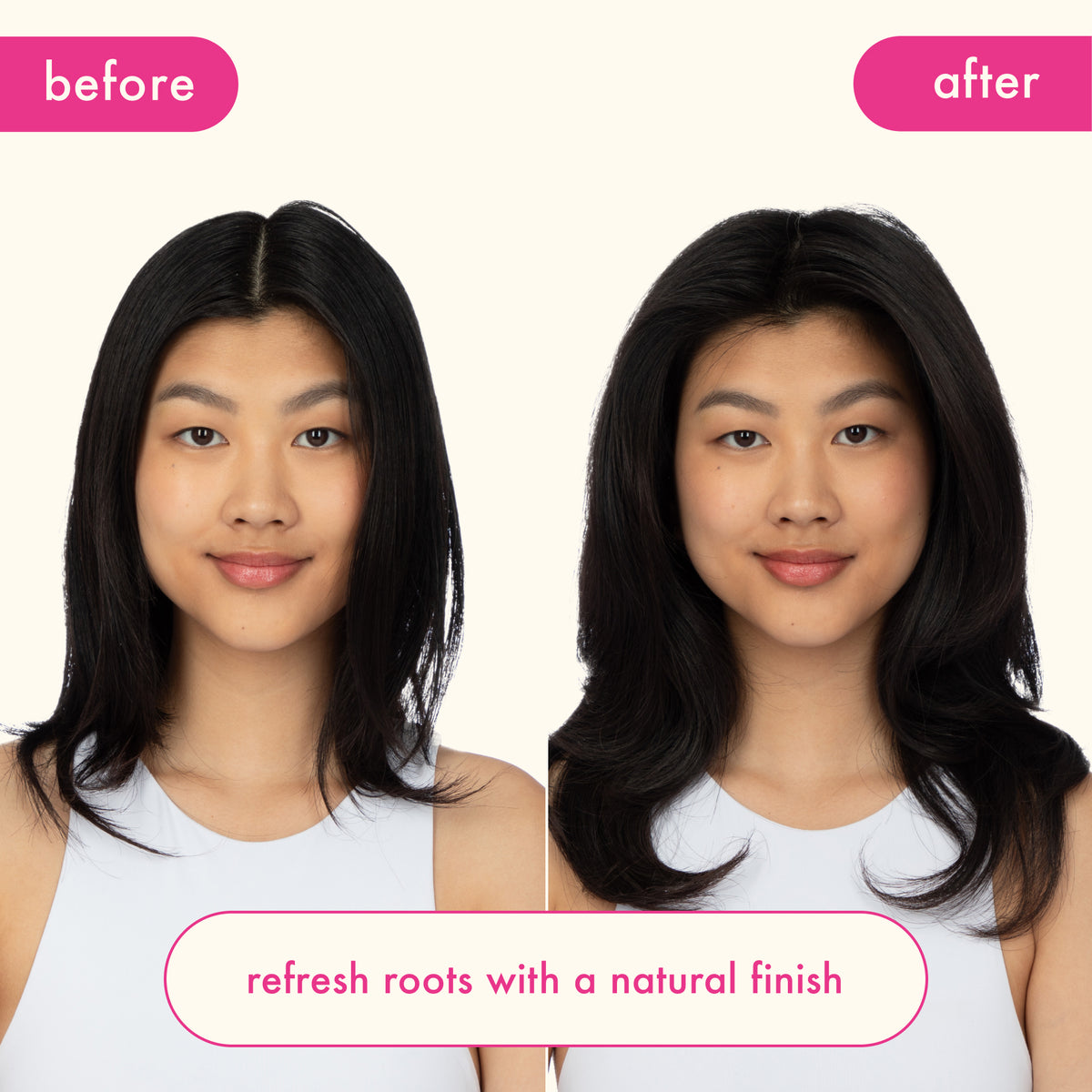 Before and after comparison of Amika Perk Up Plus on  a woman with dark, showing a natural finish.