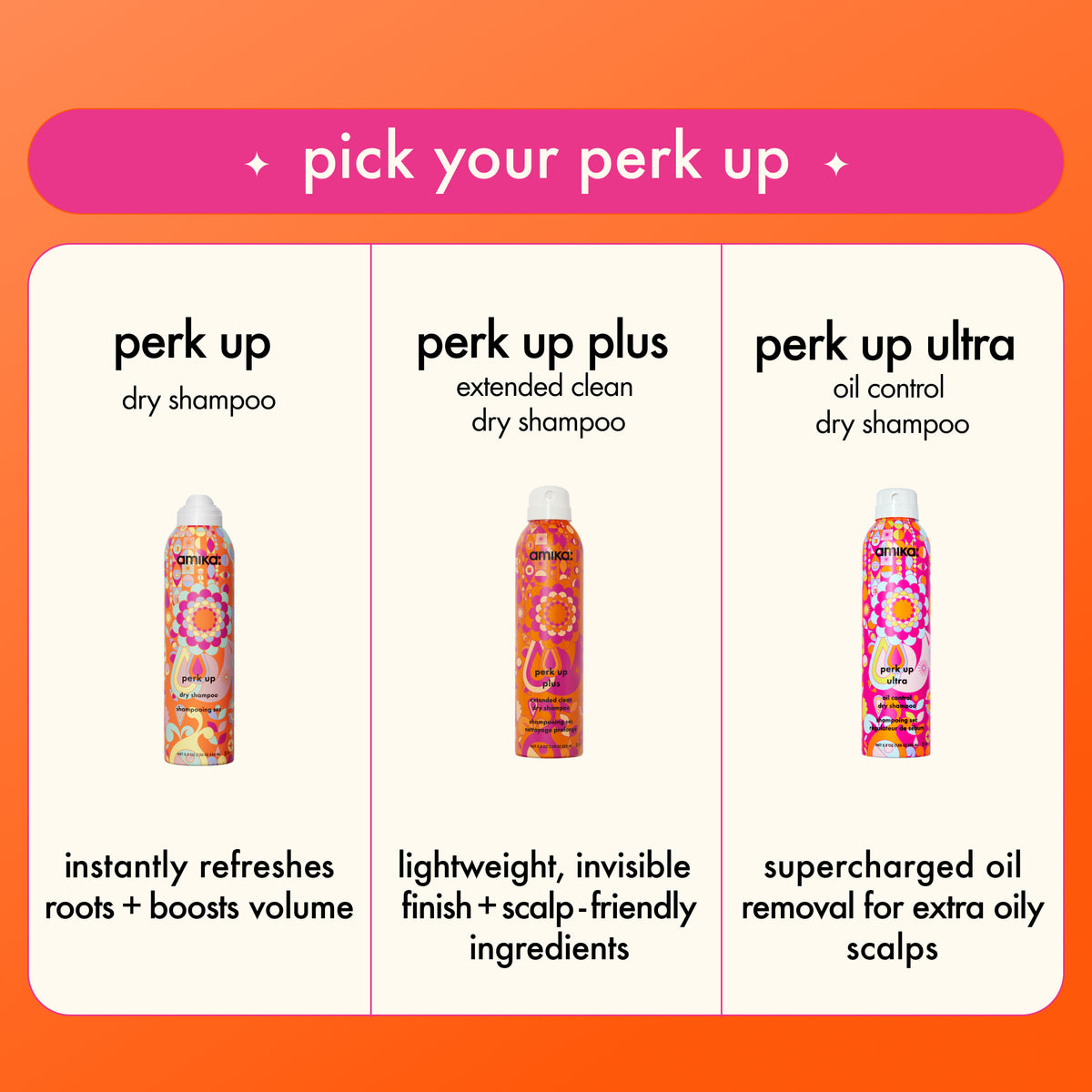 Amika Dry shampoo product lineup with 'pick your perk up' text on an orange background