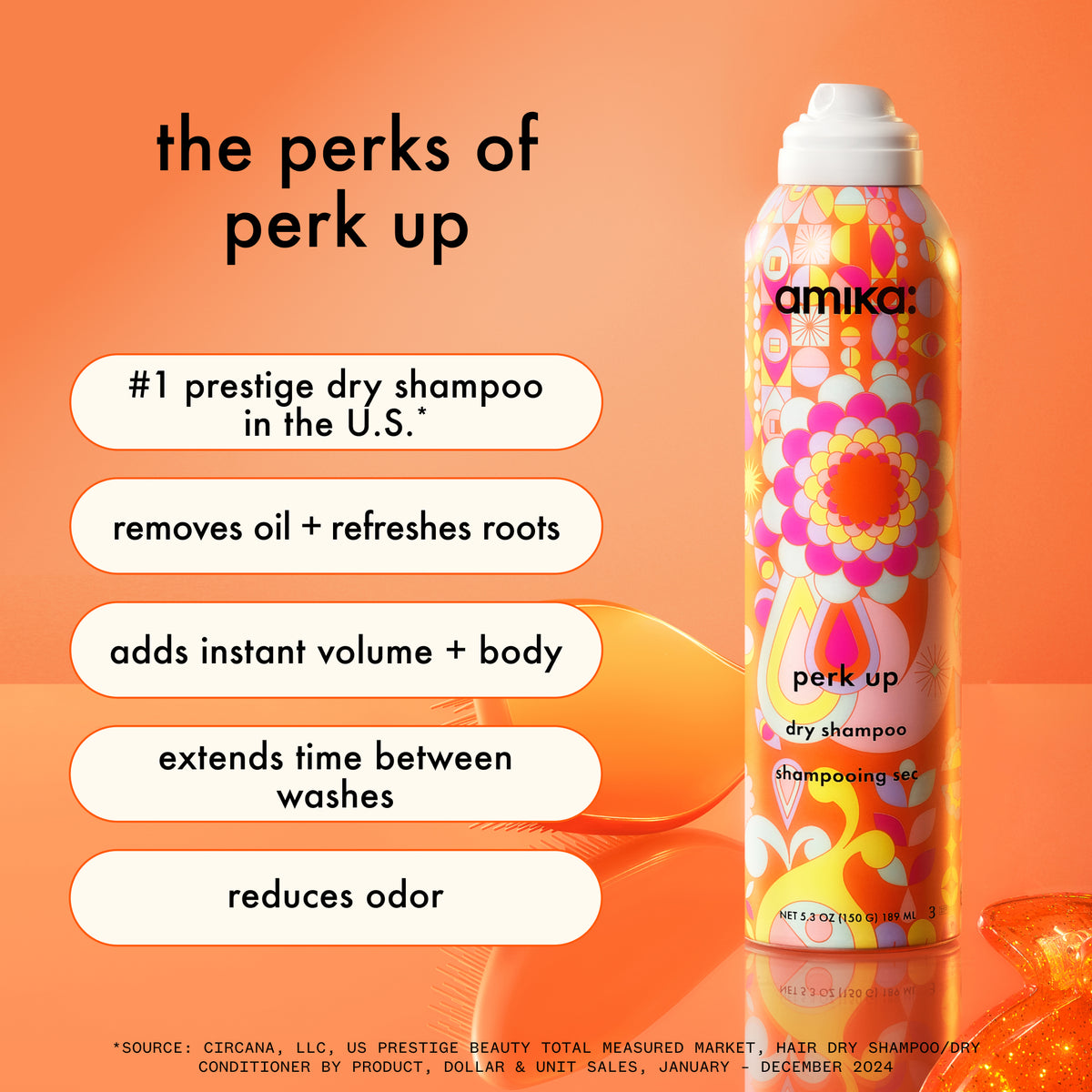 Amika Perk Up dry shampoo can with features listed on an orange background
