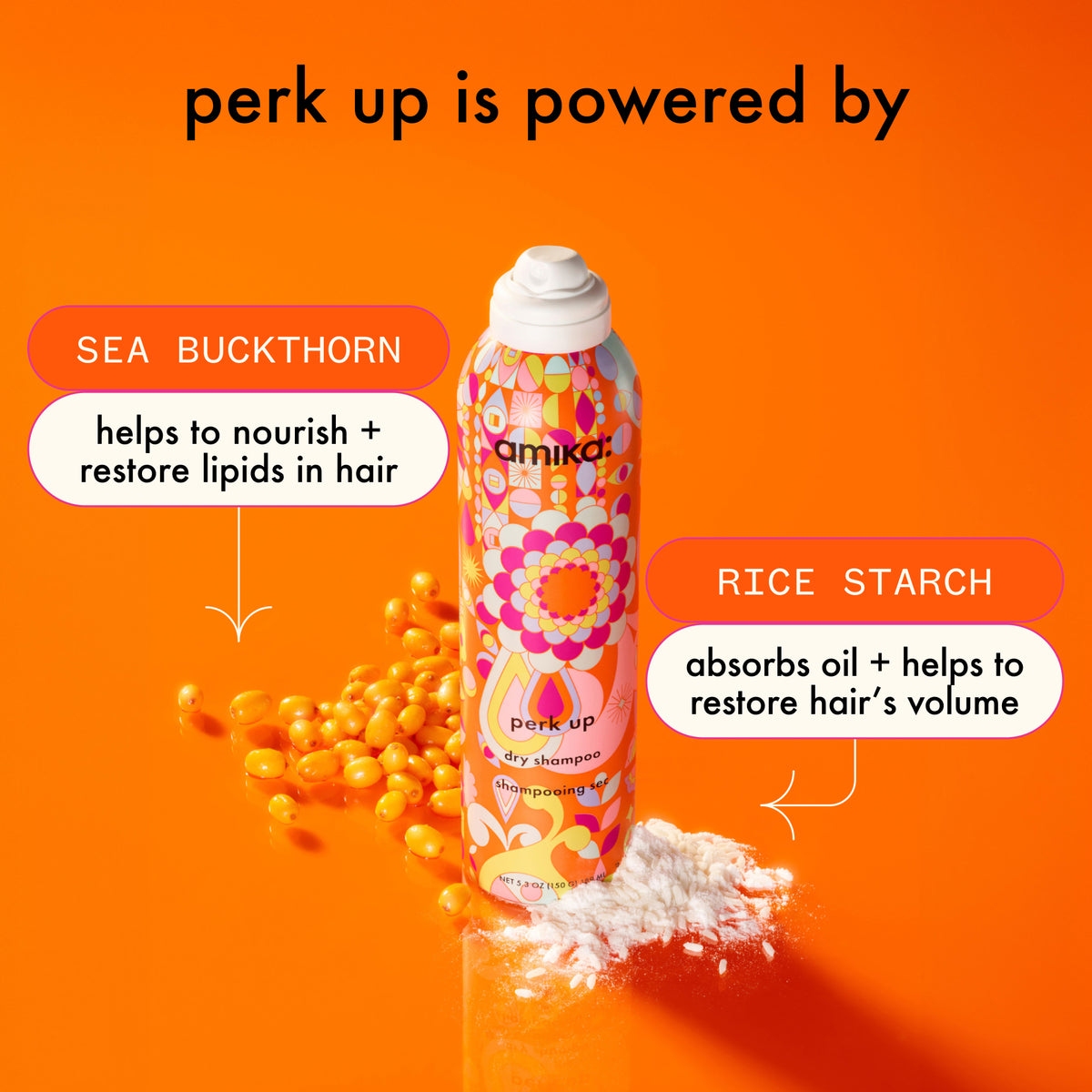 Amika Perk Up dry shampoo bottle with ingredients on an orange background