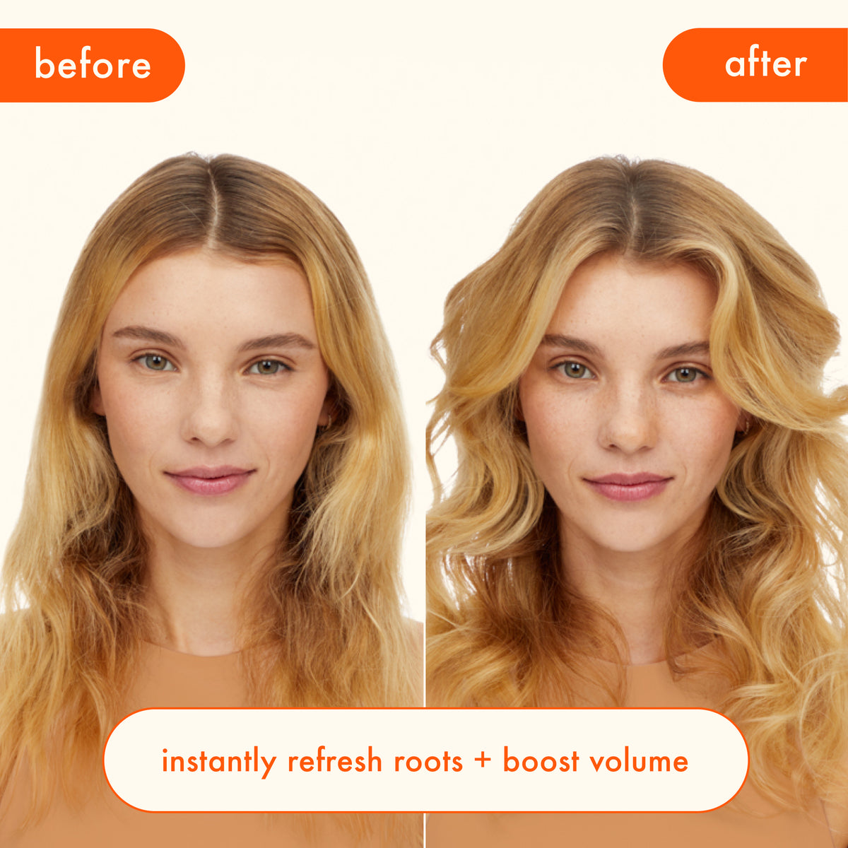 Amika Perk Up before and after comparison of a woman's hair with text indicating product effects.