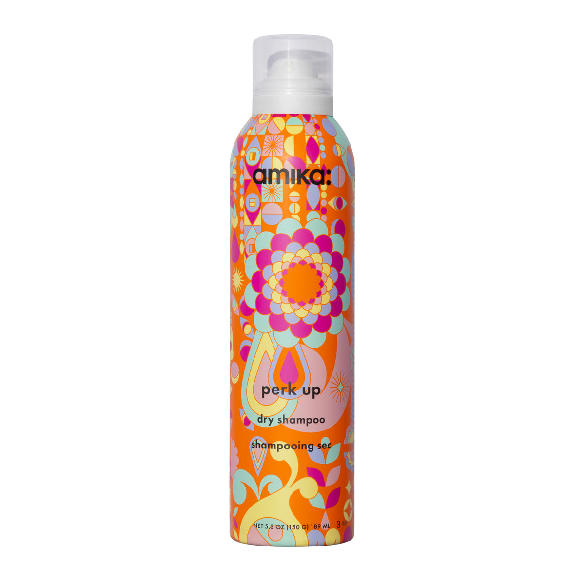 Amika Perk Up  Dry Shampoo can with colorful design on a white background