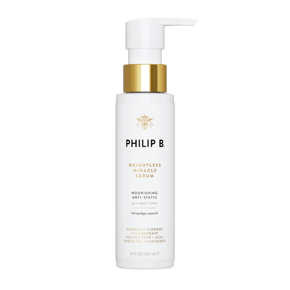 White bottle of Philip B Weightless Miracle Serum with gold cap on a white background.