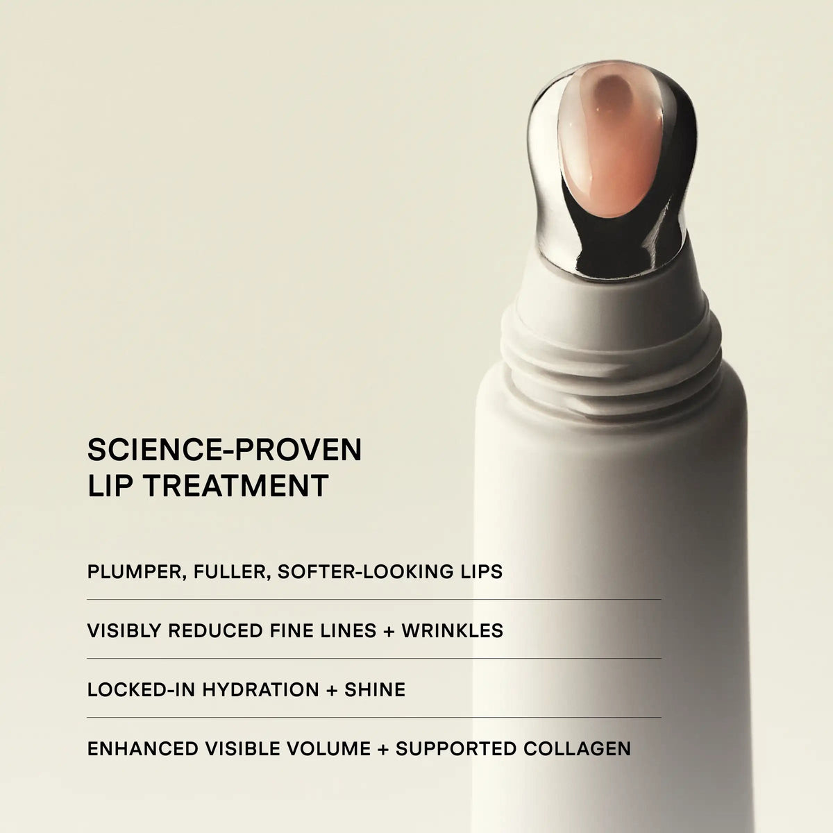 Lip treatment product with text highlighting its benefits on a beige background